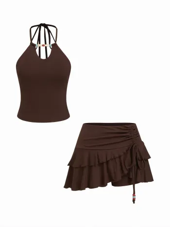 Halterhalsperle Cami-Oberteil & Low-Rise-Zugbänderchen-Mini-Skort-Set