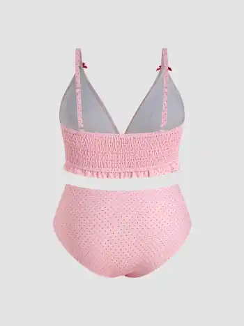 V-Ausschnitt Punkte Salatrand Schleife Bikini-Set Kurve & Plus