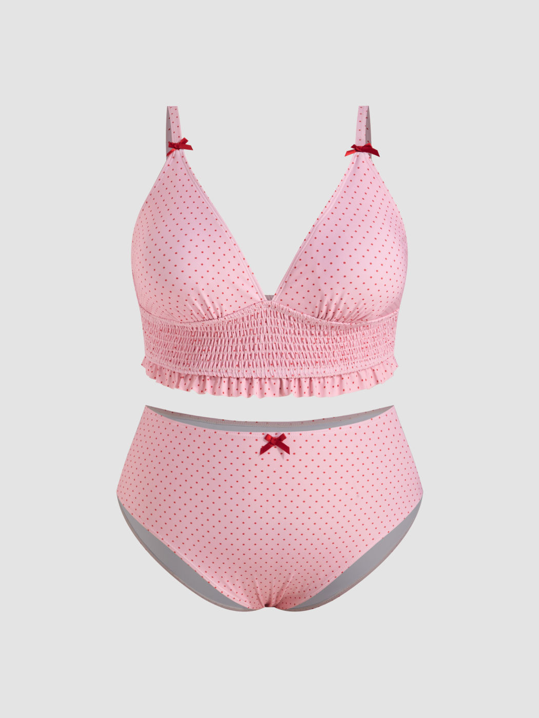V-neck Polka Dot Lettuce Trim Bowknot Bikini Set Curve & Plus