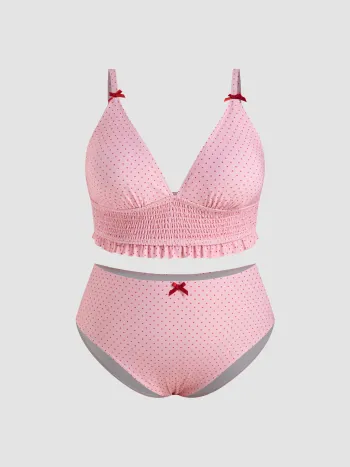V-Ausschnitt Punkte Salatrand Schleife Bikini-Set Kurve & Plus