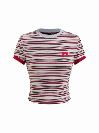 Baumwollmischung Streifen Apfel-Applikation Crop-T-Shirt