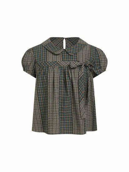 Cotton-blend Collar Solid Ruched Button Short Sleeve Top