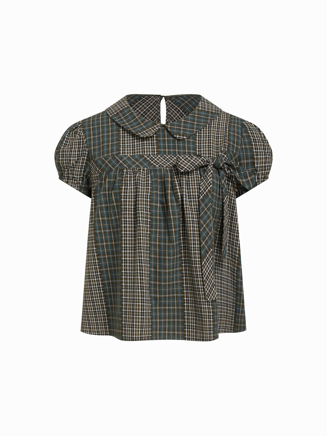100% Cotton Peter Pan Collar Check Bowknot Oversized Blouse