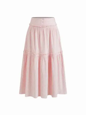 Mid Rise Stripe Lettuce Trim Tiered Ruffle Maxi Skirt