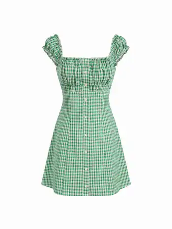 Cotton-blend Square Neck Gingham Ruched Shirred Mini Dress