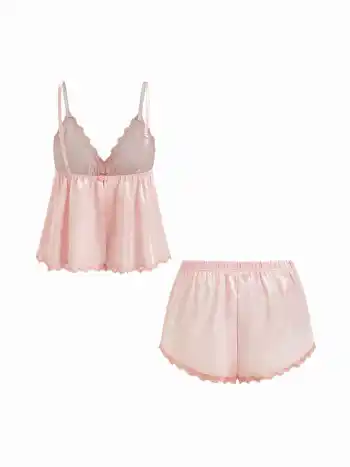 Loungewear-Set: Spitze V-Ausschnitt Knoten Cami-Oberteil & Satin Mittelbund Spitzebesatz Shorts