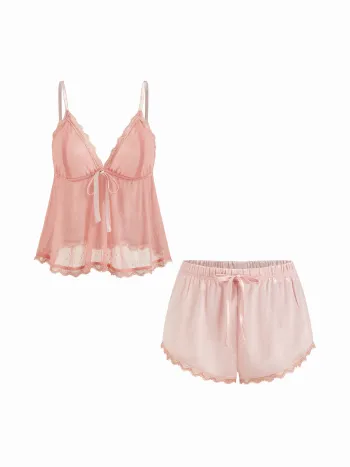 Loungewear-Set: Spitze V-Ausschnitt Knoten Cami-Oberteil & Satin Mittelbund Spitzebesatz Shorts