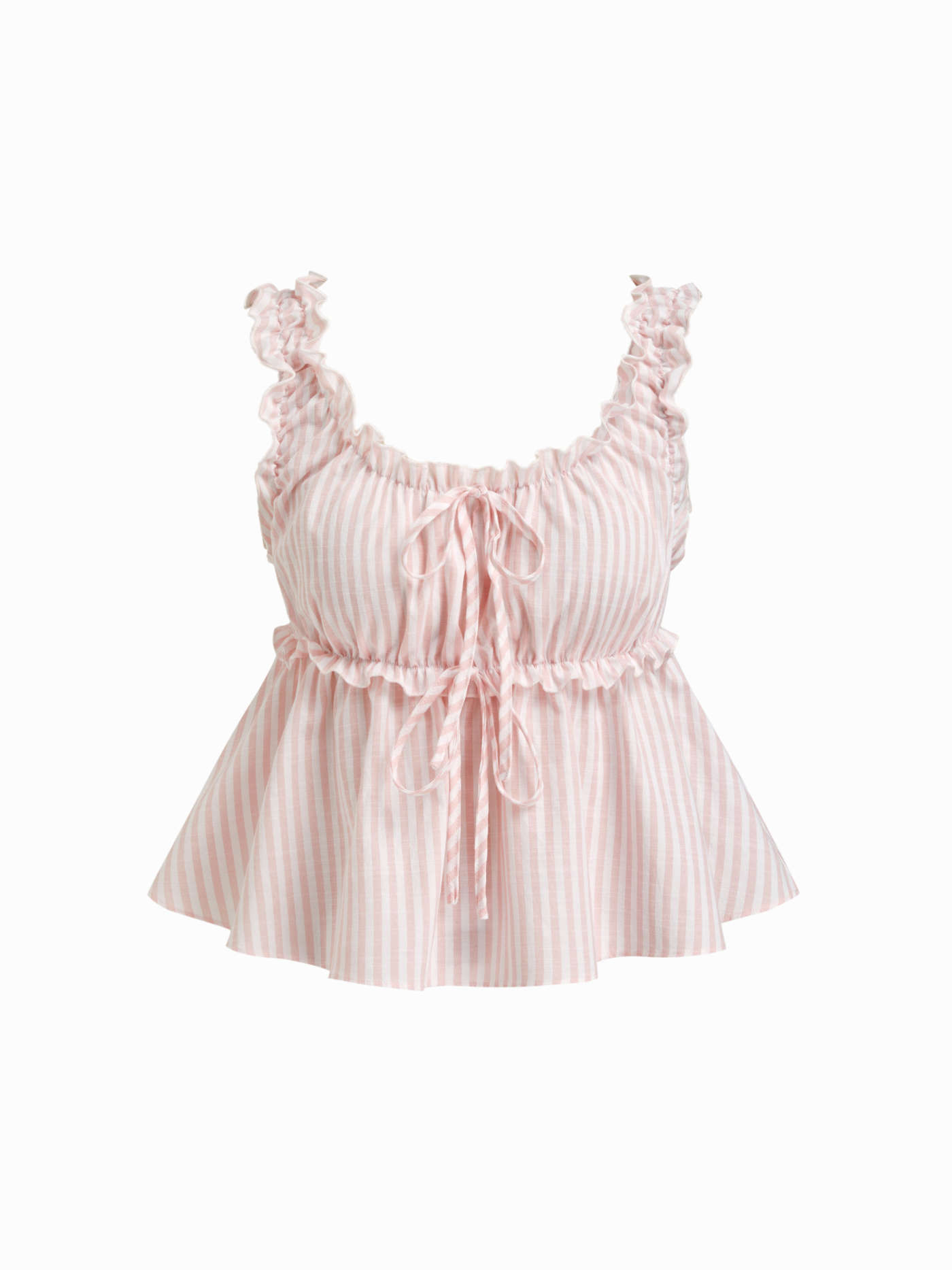 Cotton-blend Stripe Drawstring Ruffle Hem Tank Top & Low Rise Drawstring Trousers Loungewear Set