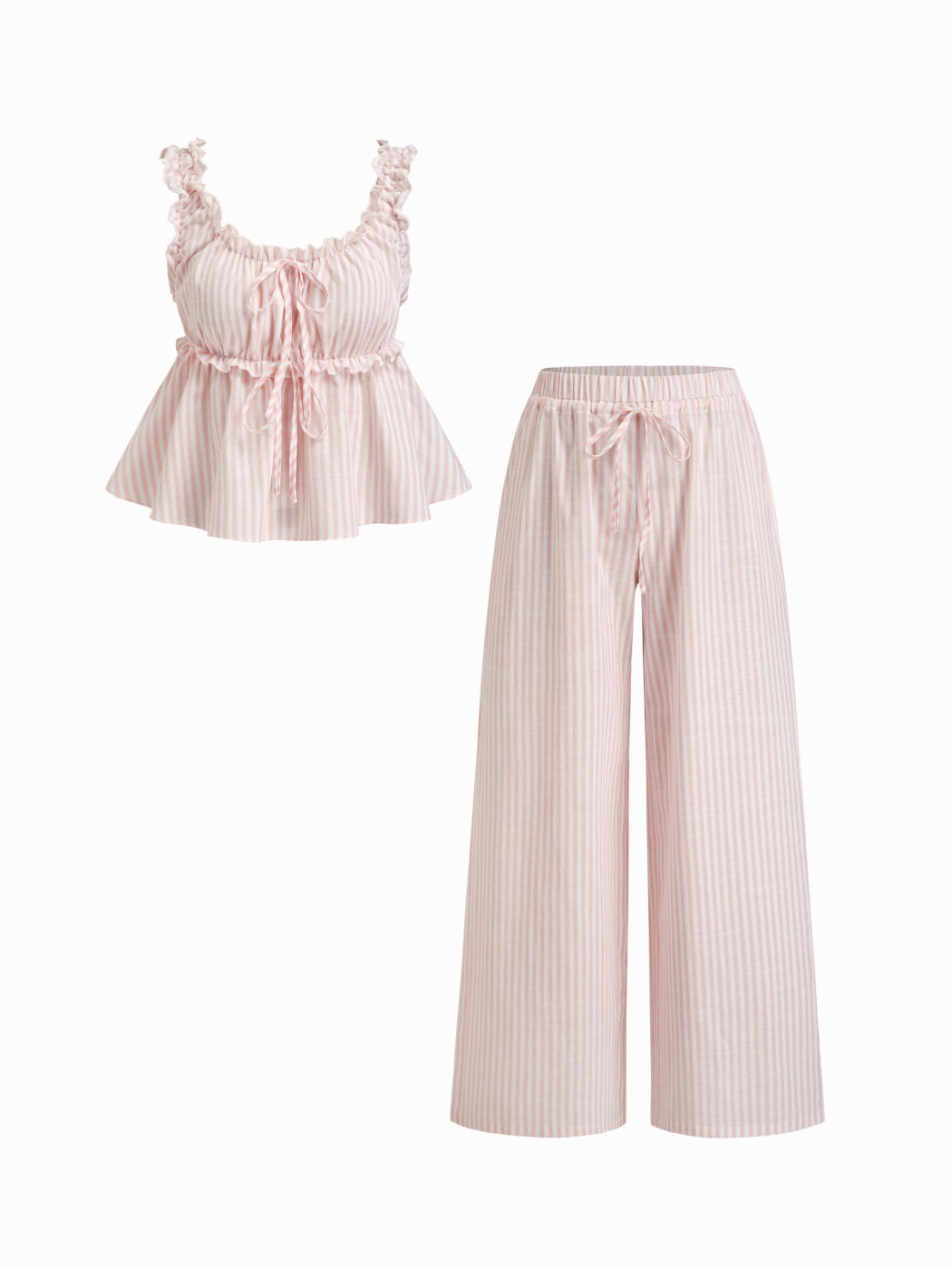 Set loungewear canotta con coulisse e orlo arricciato a righe in misto cotone e pantaloni a vita bassa con coulisse
