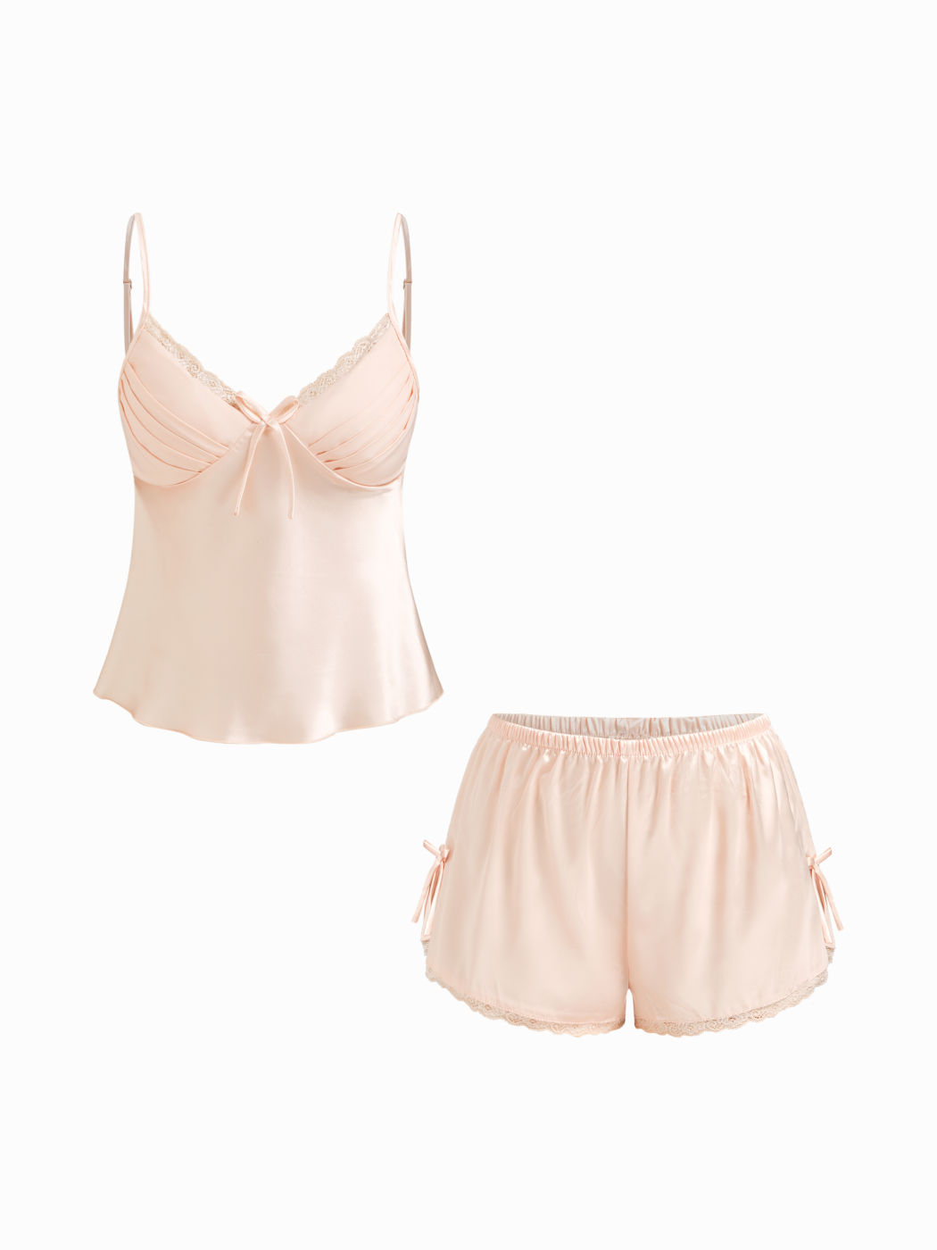 Satin V-neck Backless Bowknot Cami Top & Low Rise Lace Trim Shorts Loungewear Set