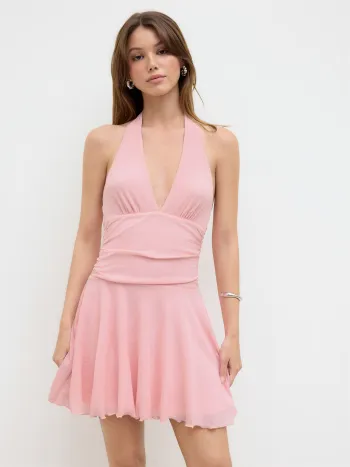 V-Ausschnitt, geruchtes Mini-Kleid mit Salatrand