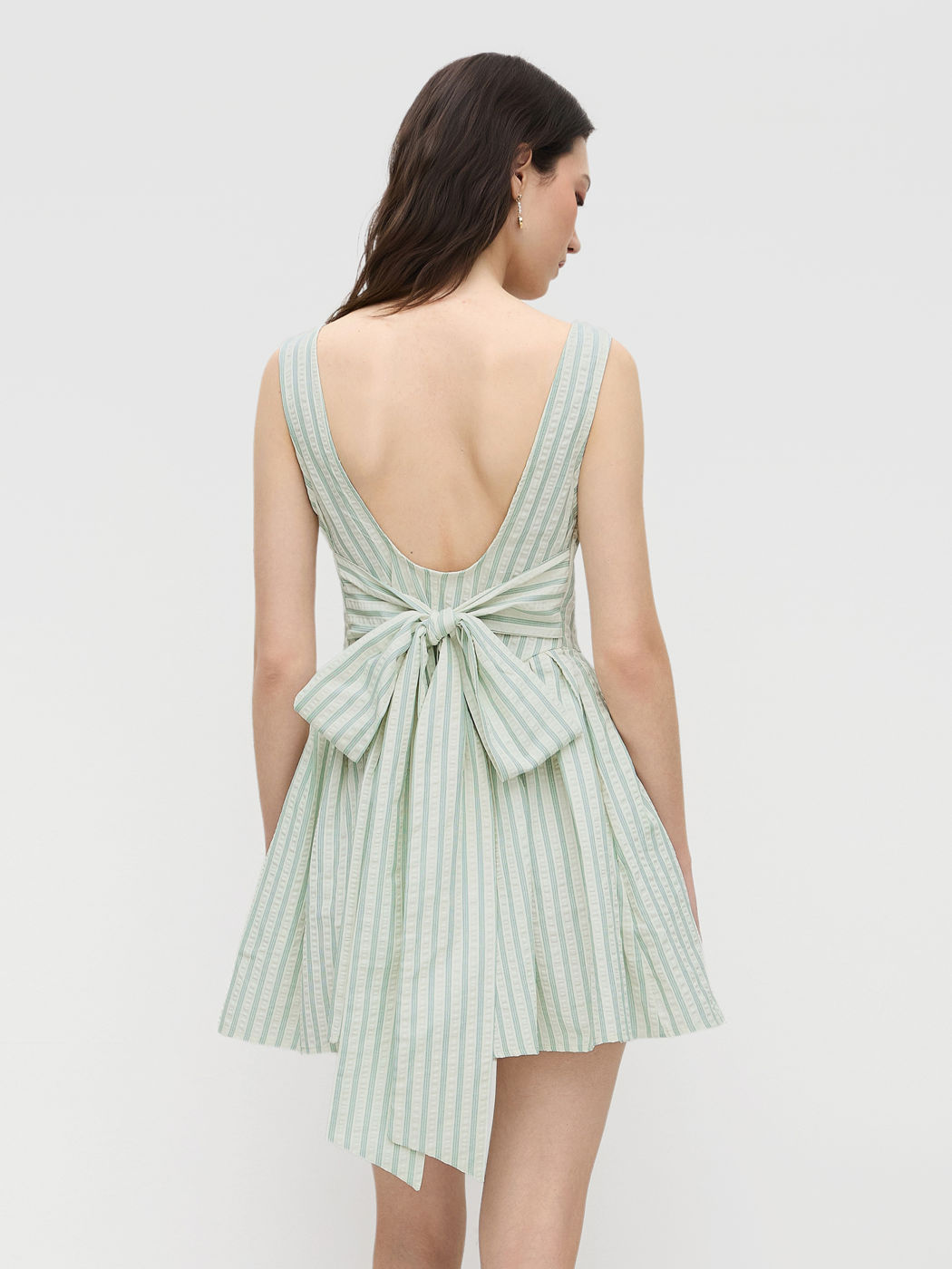 Boat Neck Stripe Backless Knotted Pocket Ruffle Mini Dress