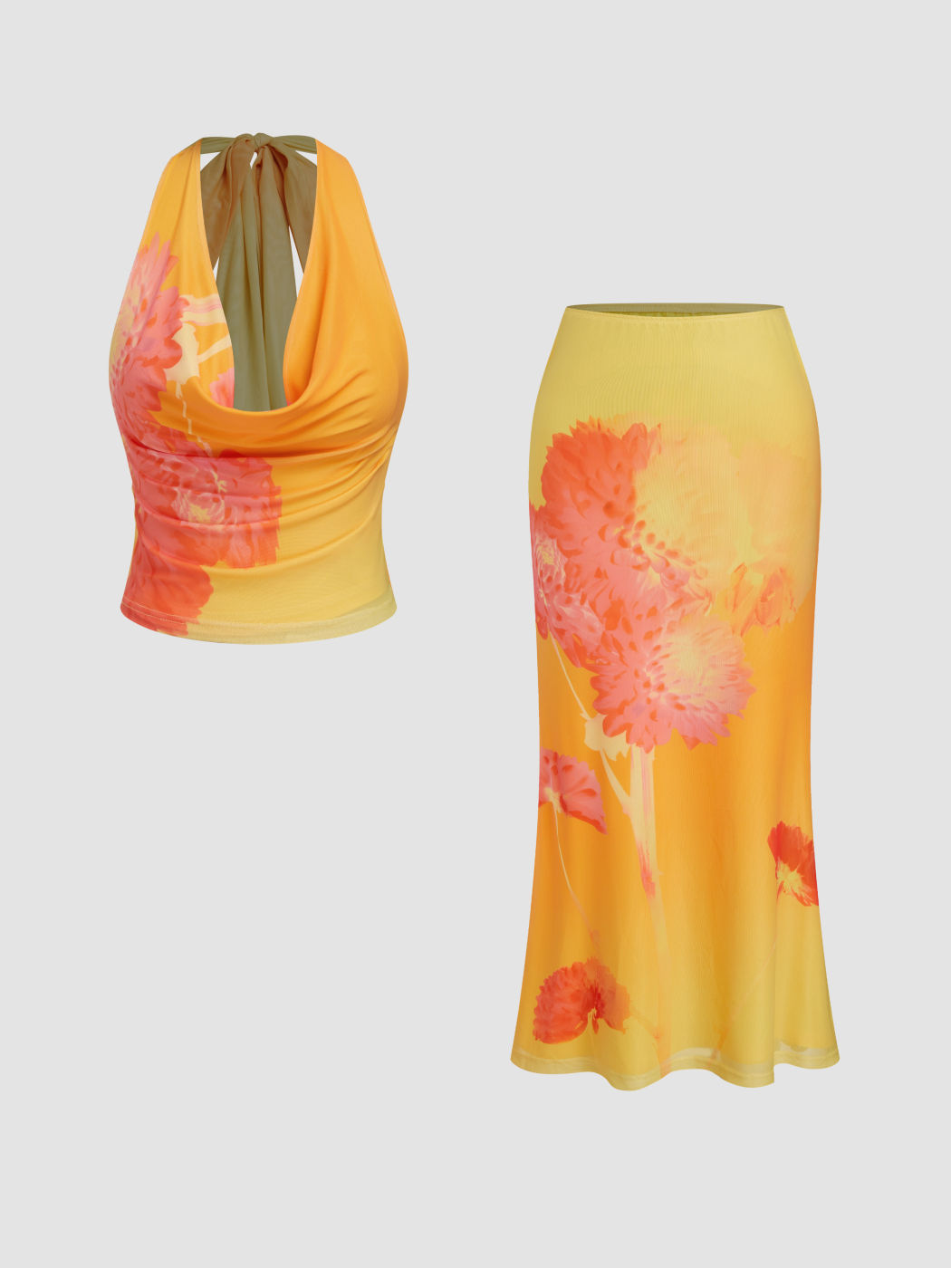 Set top a fiori con scollo ad anello e top halter in mesh & gonna midi a vita media con arricciatura