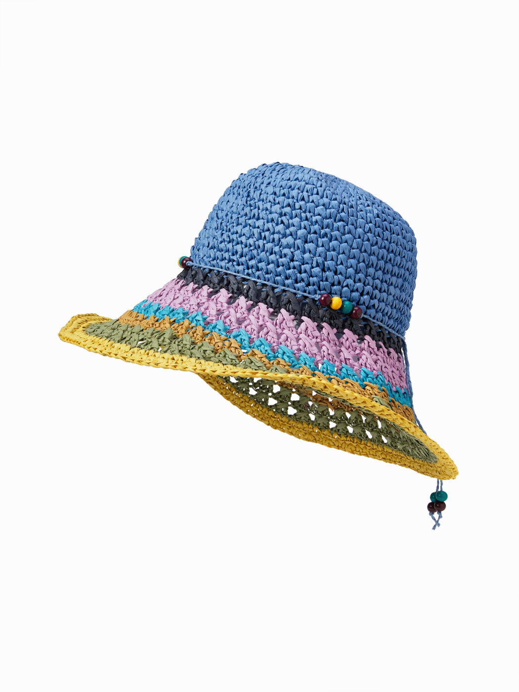 CAPPELLO DI PAGLIA A RIGHE MULTICOLORE E DECORAZIONI CON PERLINE