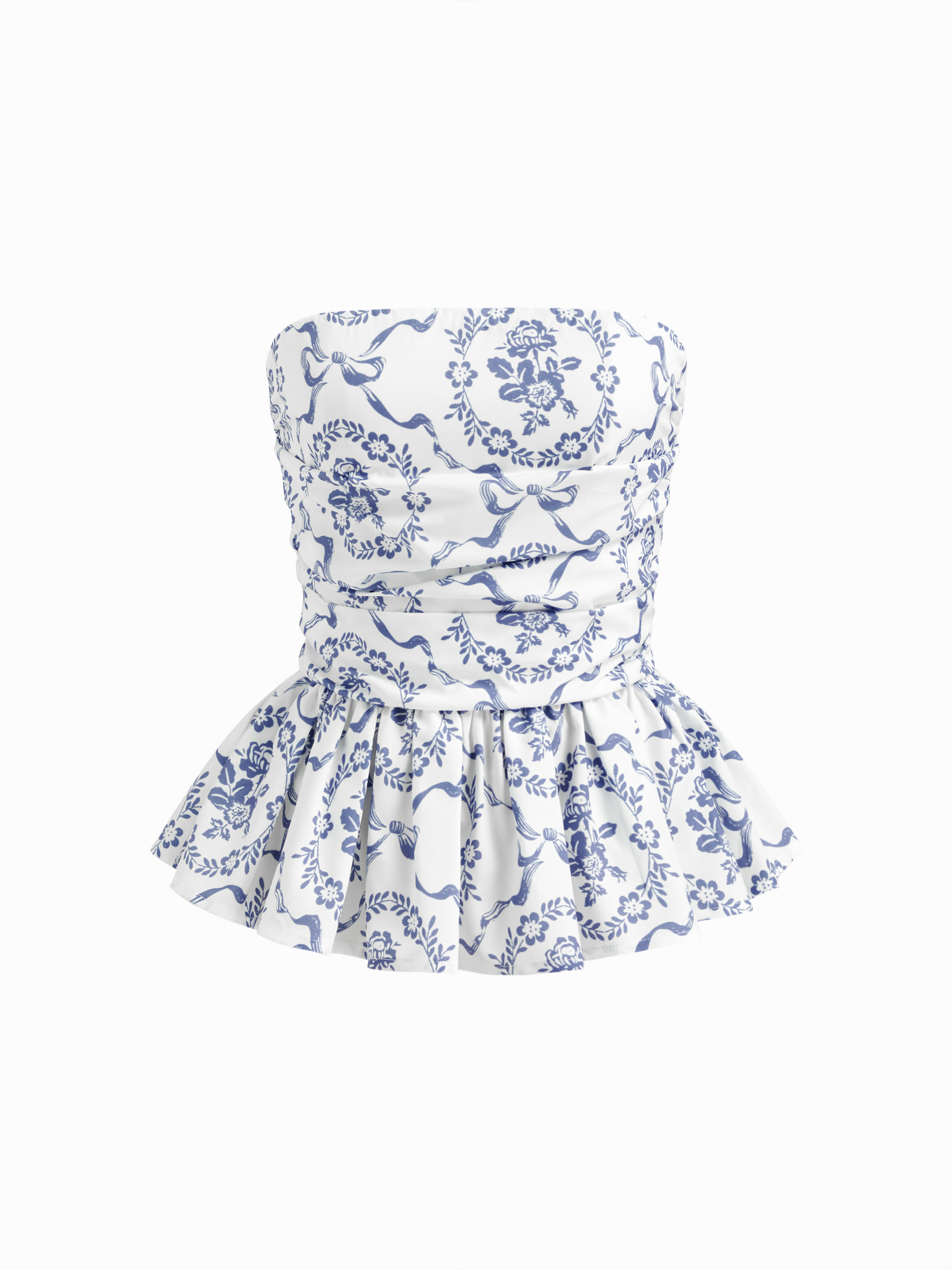Woven Bandeau Floral Shirred Ruffle Hem Top For Daily Casual