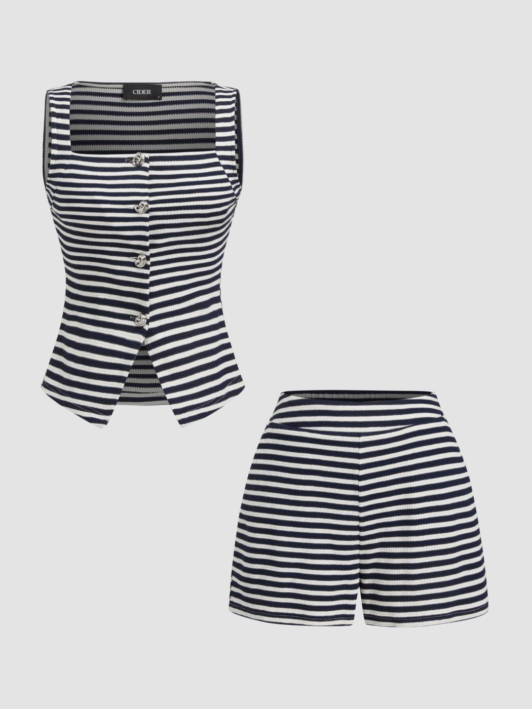 100% Cotton Square Neck Stripe Split Top & Wide Leg Shorts Set