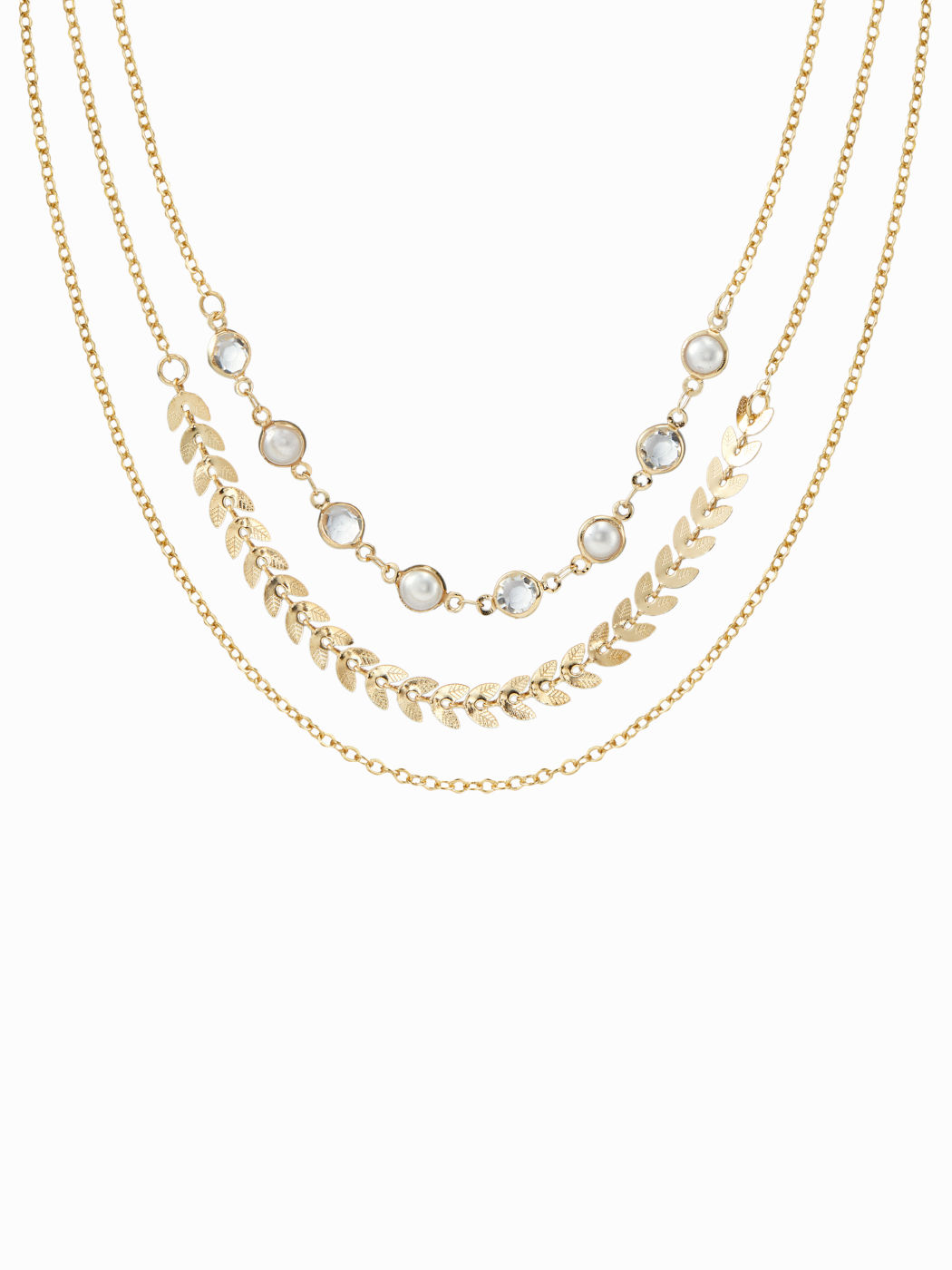 3PCS LEAF & FAUX PEARL & RHINESTONE CHAIN NECKLACE SET