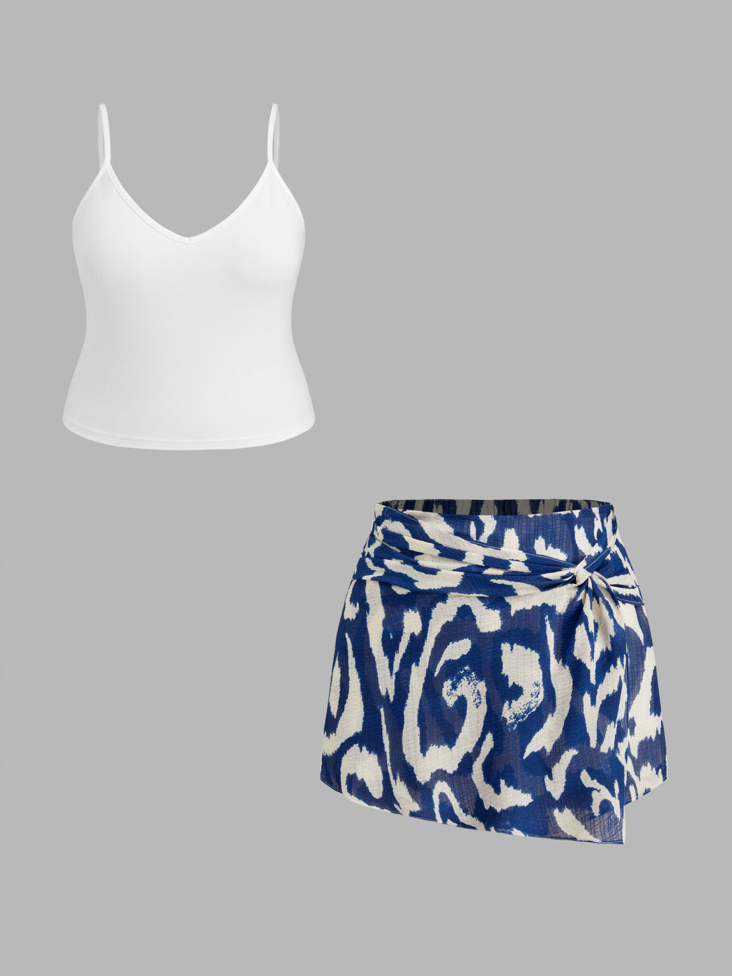 Round Neckline Cami Top With Mid Rise Abstract Knotted Mini Skort Set Curve & Plus