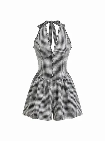 Gingham-Halter-Halsausschnitt-Strampler
