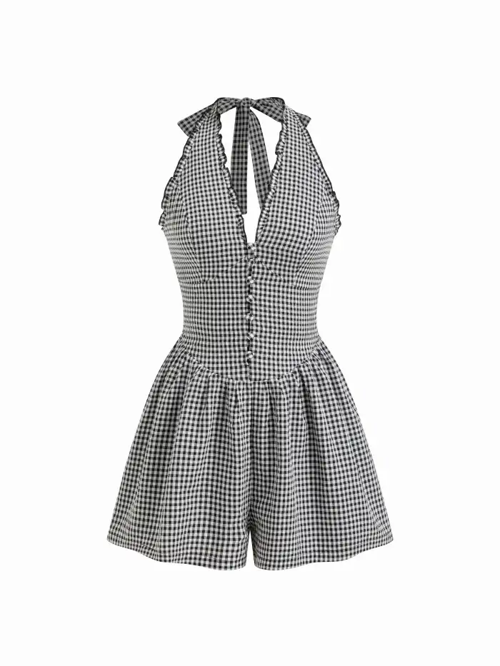 100% Cotton Square Neck Gingham Bowknot Romper