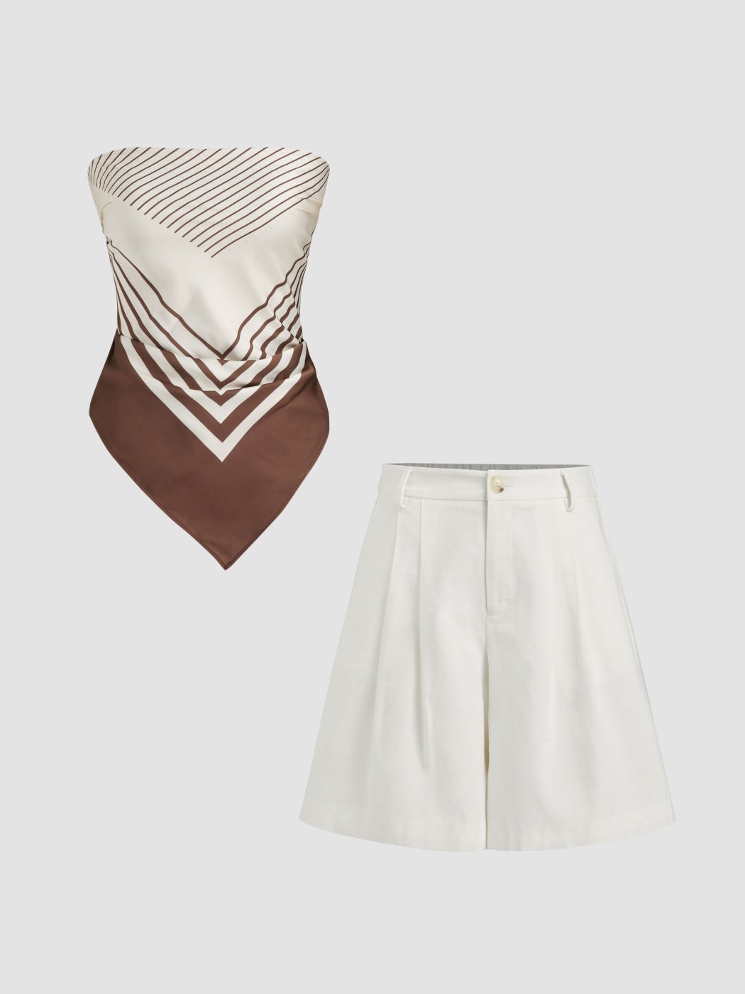 Two Way Linen-blend Stripe Tie Back Bandeau Top & Mid Rise Pleated Shorts Set