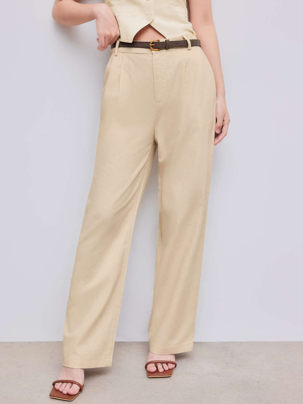 Ladies Trousers Belted Work Trousers Wide Leg Pants Woven Belted Linen  Straight Leg Pant For School