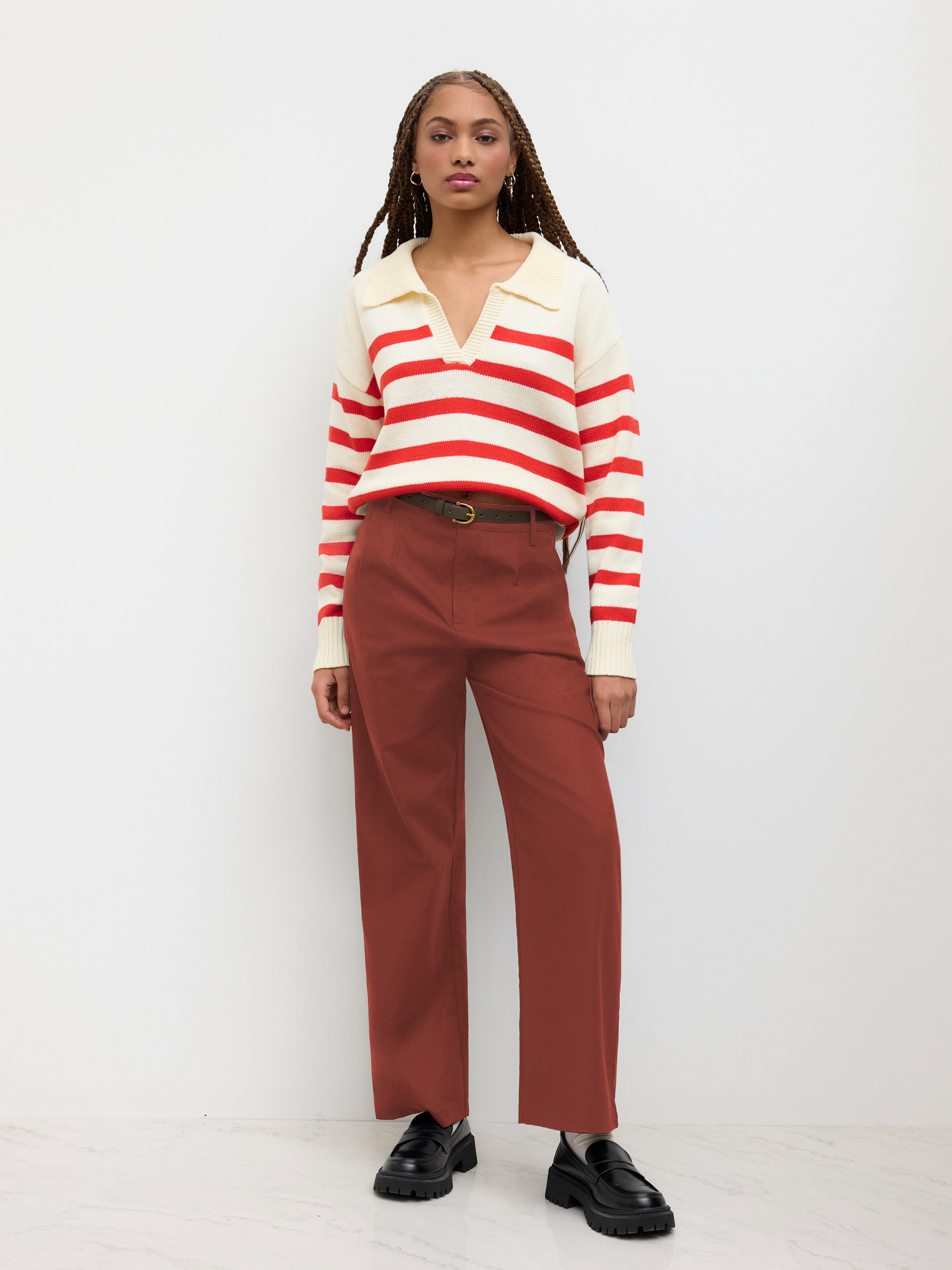 【SCENERITY】Banded Linen Wide Pants Cloth & Stone Stripe Linen Blend Ruffled Waistband Wide Leg