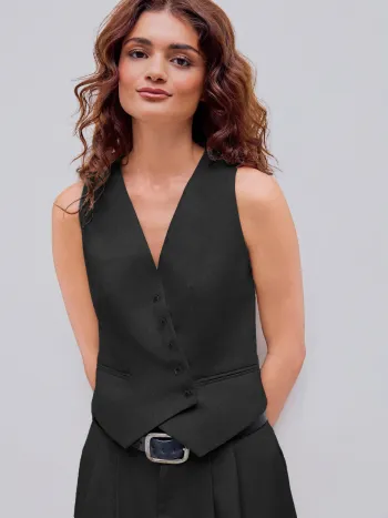 Linen-blend V-neck Solid Button Jacket Vest