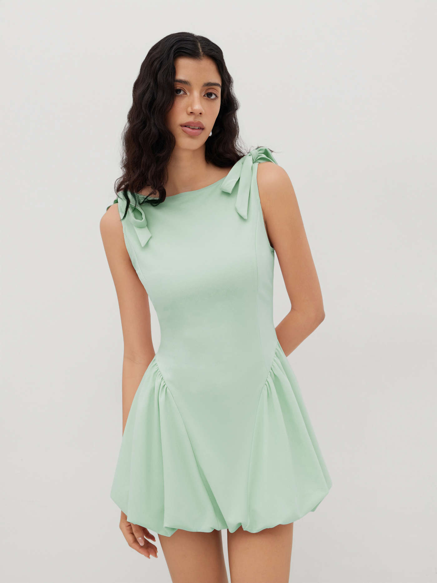 Knit Fabric Boat Neck Bowknot Bubble Hem Mini Dress For Date