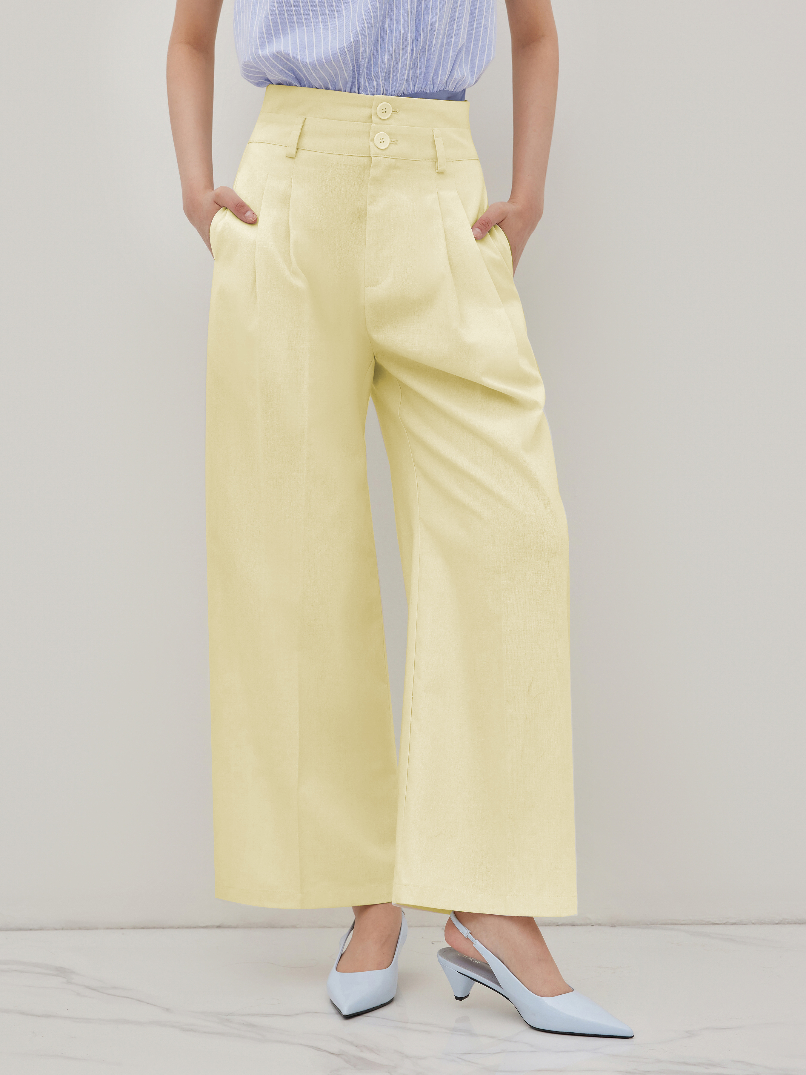 Linen-blend High Rise Pleated Wide Leg Trousers