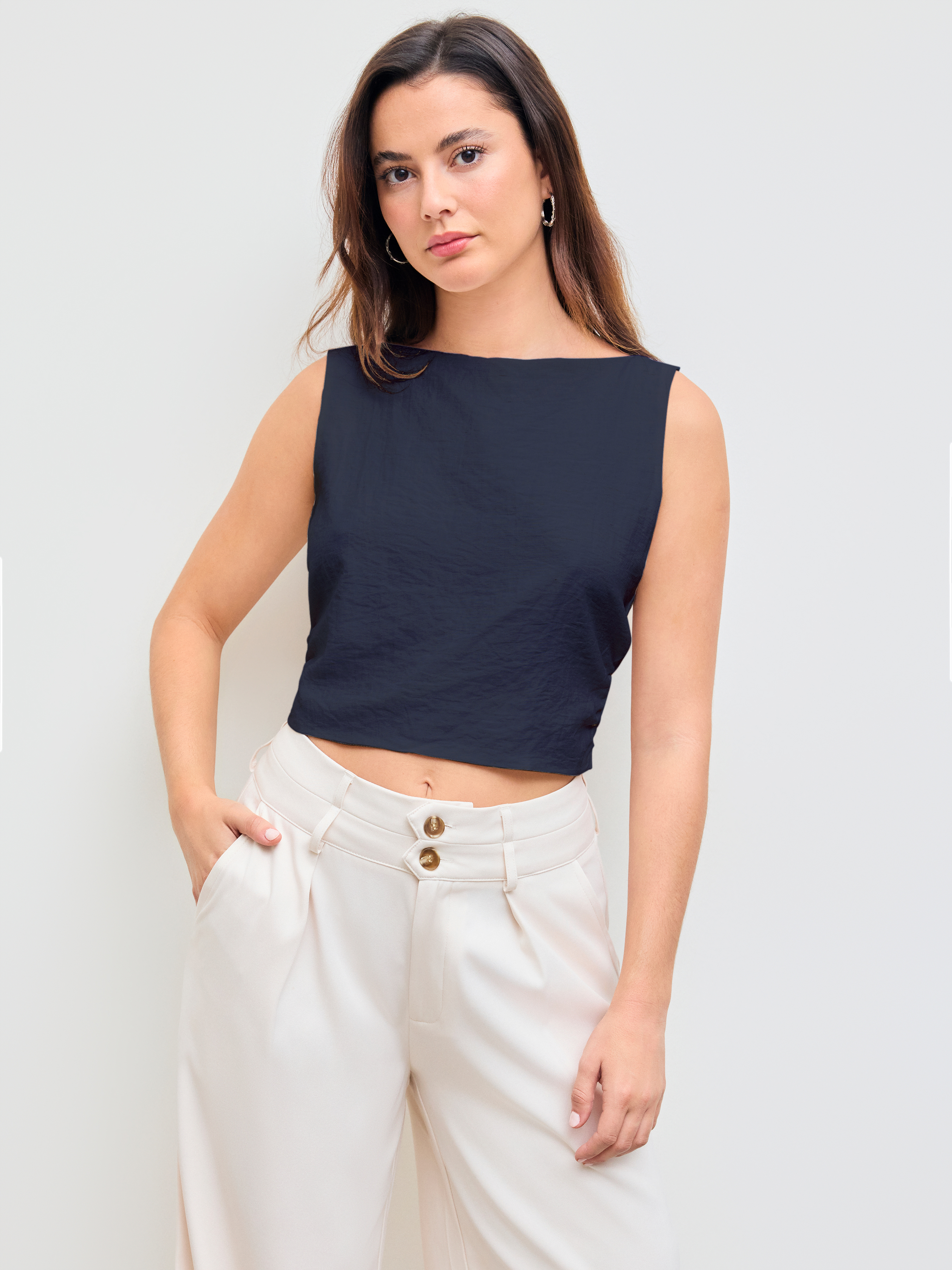 Linen-blend Linen-blend Boat Neck Solid Knotted Backless