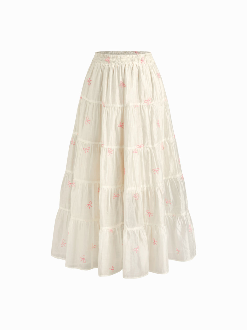 Gonna Maxi Arricciata con Ricamo Fiocco e Vita Elastica Media