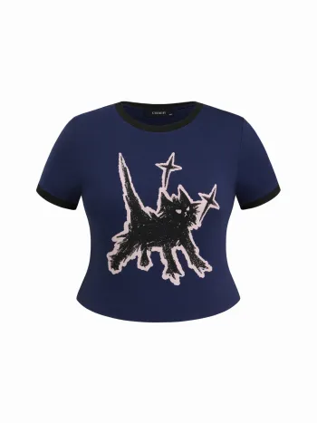Cat Graphic Round Neckline Short Sleeve Tee Curve & Plus