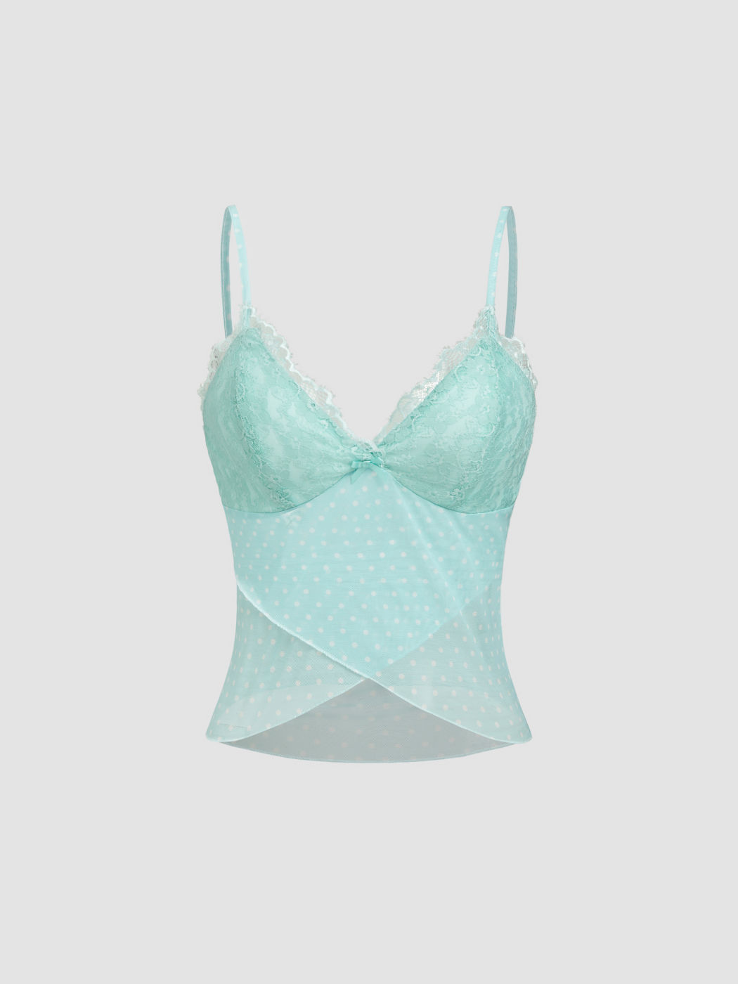 Top Cami con Scollo a V in Rete con Pois, Rifiniture in Pizzo e Fiocco