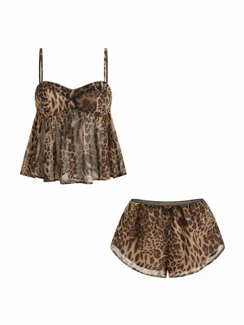 Loungewear-Set mit Herzausschnitt, Leopardmuster, Schleifen-Cami-Top und Low-Rise-Shorts