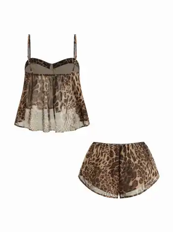 Loungewear-Set mit Herzausschnitt, Leopardmuster, Schleifen-Cami-Top und Low-Rise-Shorts