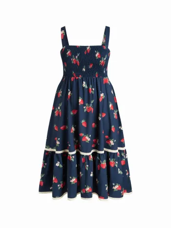 Square Neck Strawberry Shirred Tiered Maxi Dress Curve & Plus