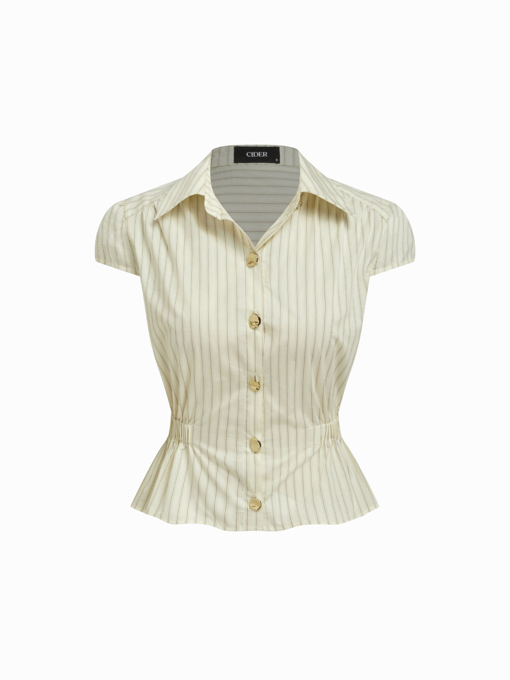Cotton-blend Polo Neck Stripe Ruched Mental Button Blouse