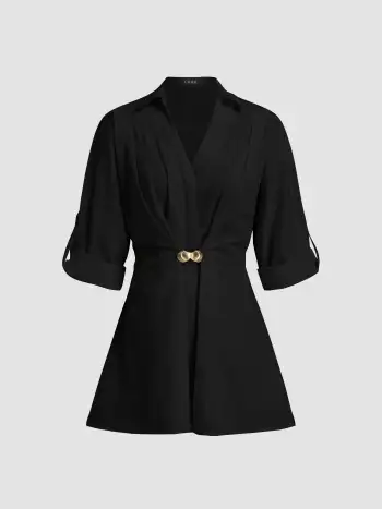 Woven 100% Cotton V-neck Shell Metal Detail Mini Dress For Work