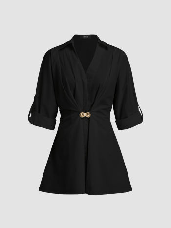 100% Cotton V-neck Shell Metal Detail Mini Dress