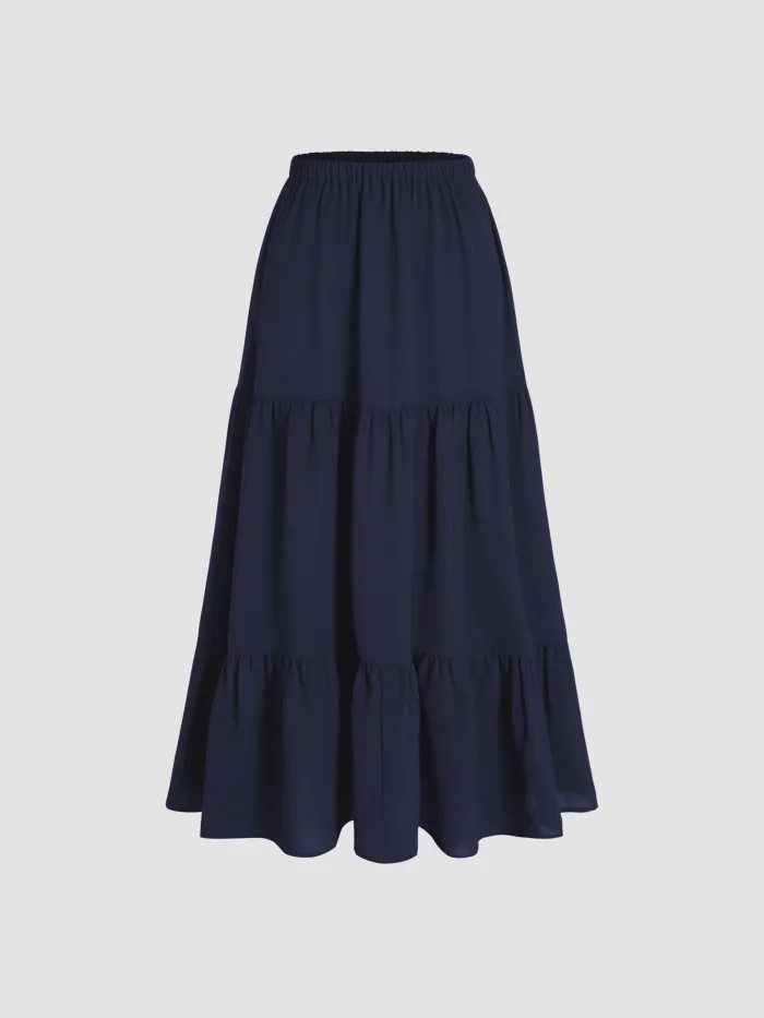 Petite Mid Rise Elastic Waist Ruffle Hem Tiered Maxi Skirt