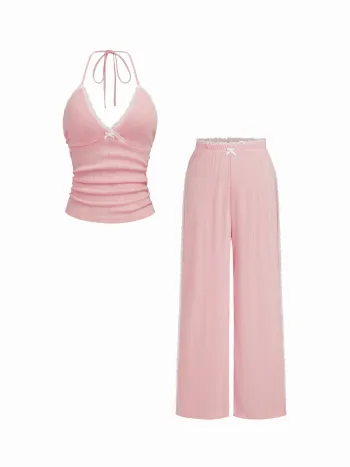 V-Ausschnitt Schleife Rüschender Spitzenrand Halter-Oberteil & Mittelhohe Breitbeinige Hose Lounge-Set