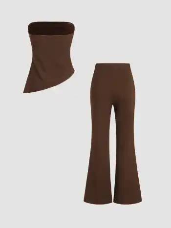 Ruched Asymmetrical Hem Bandeau Top & Mid Rise Flared Trousers Set