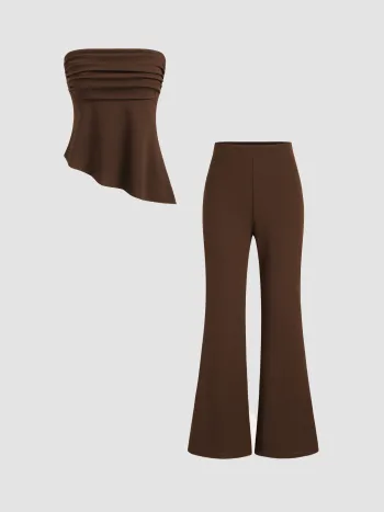 Ruched Asymmetrical Hem Bandeau Top & Mid Rise Flared Trousers Set