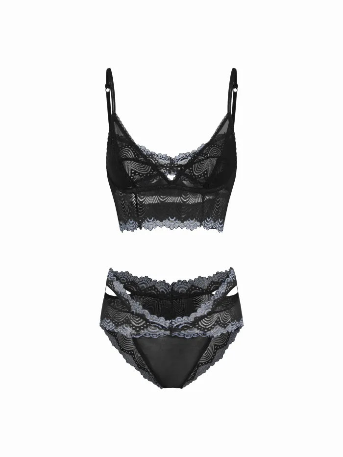 Lace Sweetheart Bowknot Lettuce Trim Lingerie With Brief Set