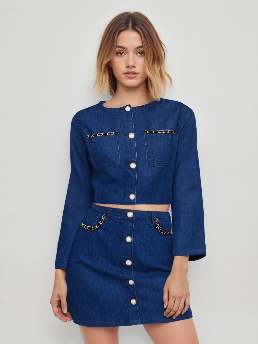 Denim Rundhalsausschnitt Einfarbig Perlenkette Jacke