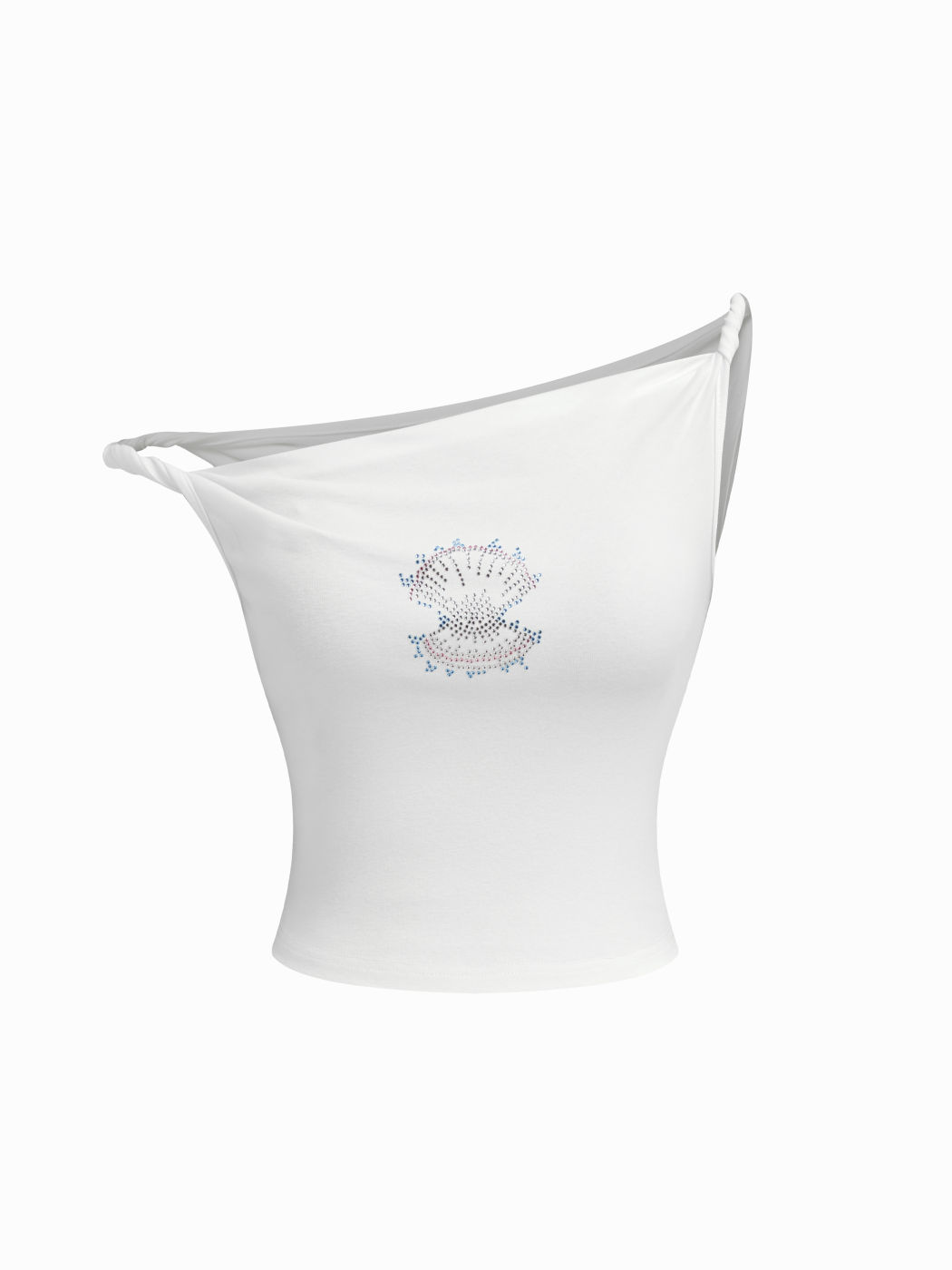 Cotton-blend Asymmetrical Neck Rhinestone Shell Crop Top