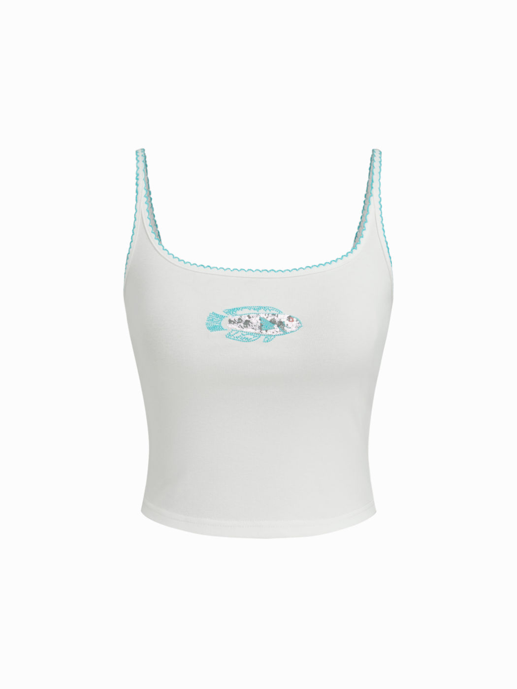 Top Cami Crop con Paillettes e Pesce in Misto Cotone con Bordi a Contrasto