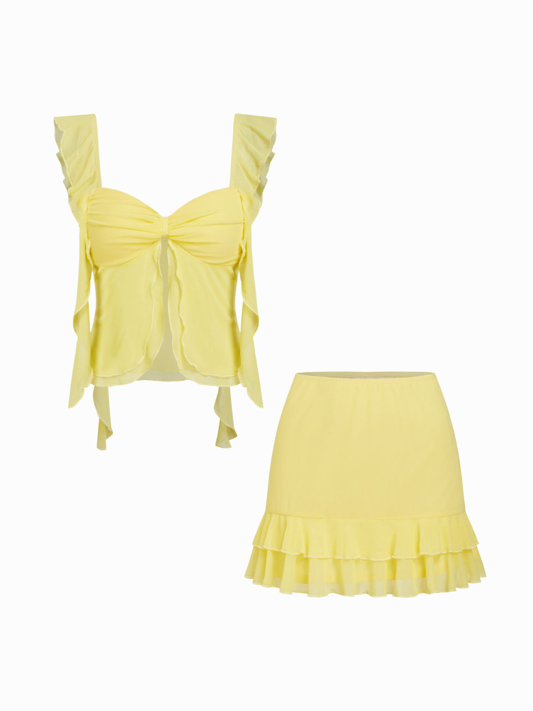 Set Top in Mesh con Scollo a Cuore e Volant e Mini Gonna a Vita Media con Bordo a Lattuga