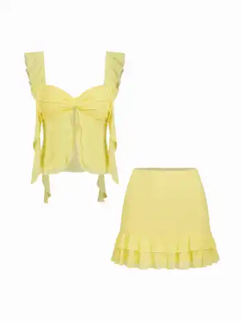 Set aus Mesh-Sweetheart-Bluse mit Rüschen und Mini-Skirt mit Mittelfalz und Salatrand